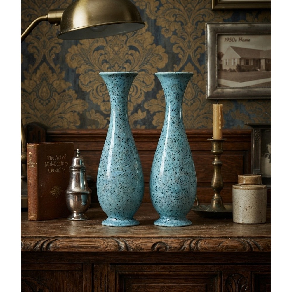 Red Wing Pottery M-1509 Blue Flecked Bud Vases Pair Mid Century Modern Vintage